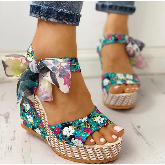 Sandales d ete a semelles compensees pour femmes chaussures a talons Super hauts motif Floral vert Vert Cdiscount Chaussures