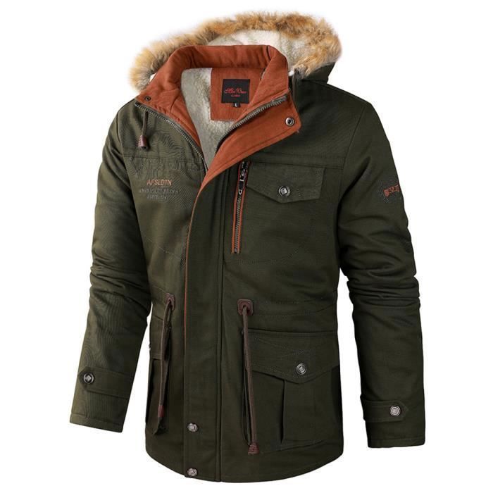 Manteau Hiver Matelassé pour Homme avec capuche à fourrure et poches larges  côté