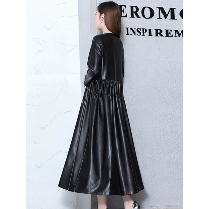 Nerazzurri printemps decontracte longue robe en cuir femmes rouge gris Maxi plisse simili cuir robe a manches longues automne Noir Cdiscount Pret a Porter