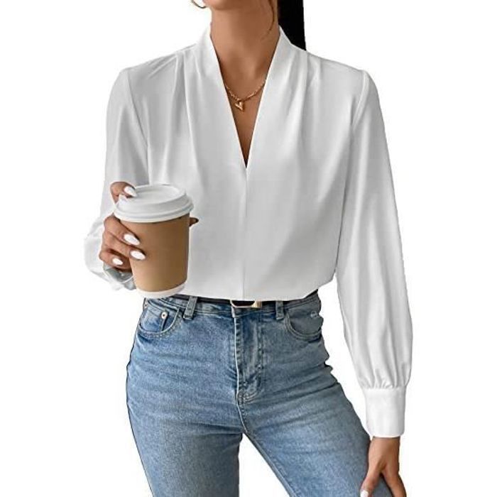 Chemisier Femme Col V Manches Bouffantes - Tissu Plissé, Coupe Cintrée - Polyester/élasthanne - Tailles S à XL