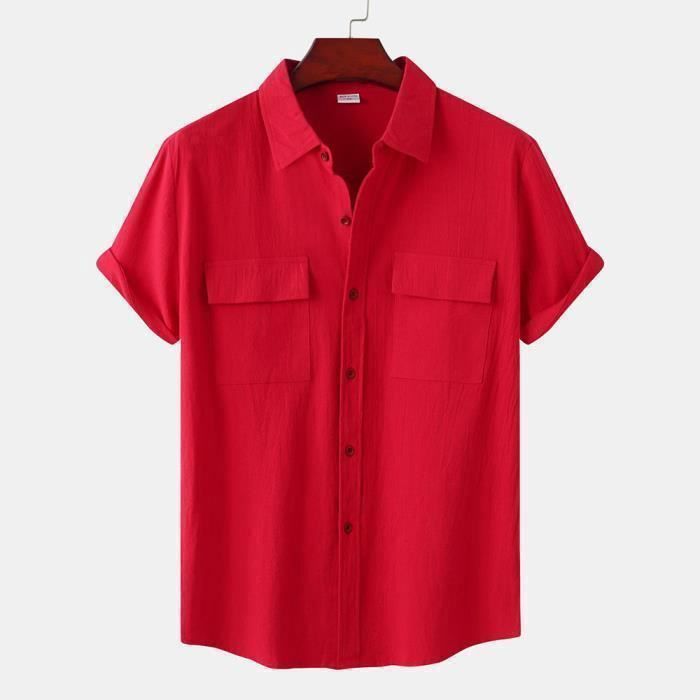 Chemise Homme en Lin Été Respirante INSFITY Regular Manches Courtes  Rouge