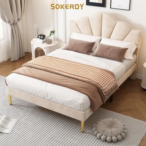 sokerdy lit rembourré 140x200 cm, lit double en forme de coquille avec pieds en fer doré, tête de lit réglable en hauteur, beige
