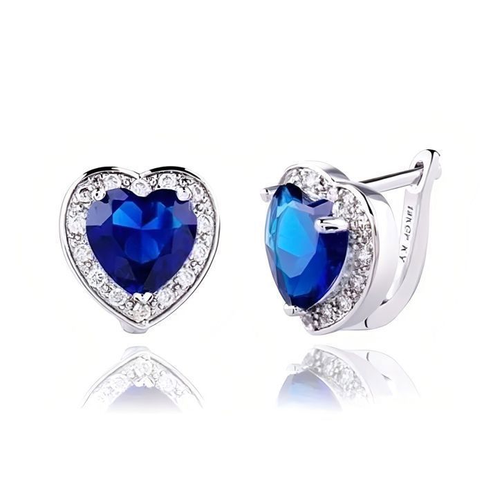 Boucles D'oreilles Dormeuses - Cœurs Dorés Avec Strass Bleus, Bon état, Occasion