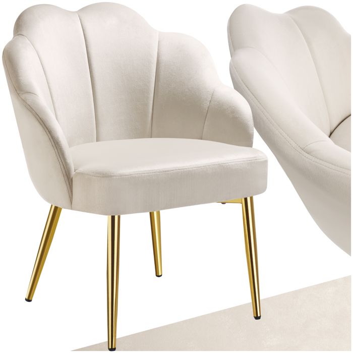 Chaise - TECTAKE - Fauteuil cocktail HELLEN en velours avec dossier en forme de coquillage 66 x 62 x 805 cm - Crème/Or