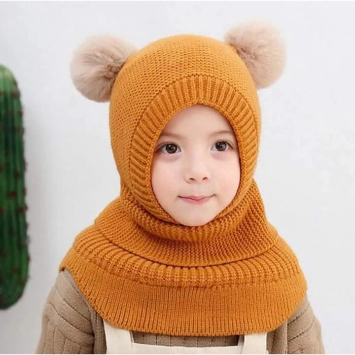 Bonnet bébé,Cagoule Bébé Fille Garçon Mignon Bonnet Echarpe Hiver Chaud  Cache Oreilles Chapeaux Tricoté Enfant Double Pompon,Orange - Cdiscount  Prêt-à-Porter