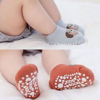 Lot De 6 Paires Chaussettes Bébé Antidérapantes 6-12 Mois - Coton Doux - Semelle Picots Caoutchouc - Motifs Animaux Licorne - 7