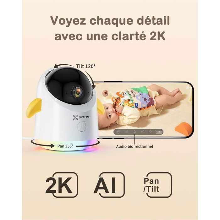Babyphone écran LCD 2,4" GHB - Caméra 2,4 GHz, Vision Nocturne, Sans WiFi, Capteur Température, 2 Talkies - 3