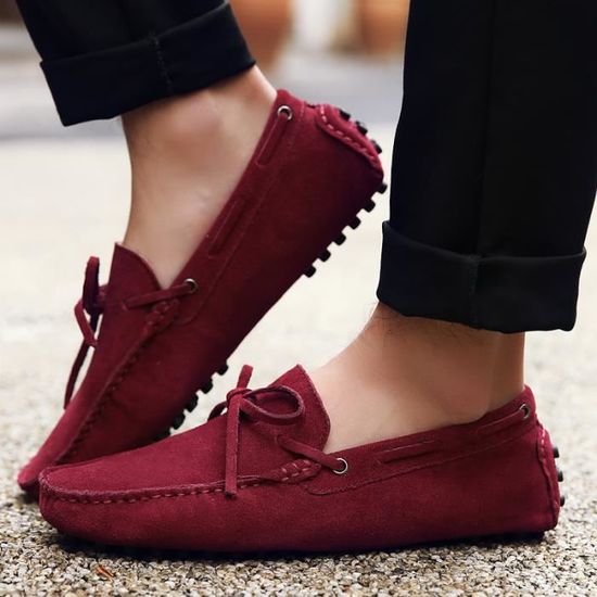 Mocassin Homme Su d Cuir Conduire chaussures de sport Rouge