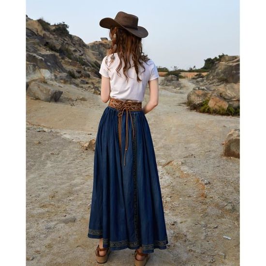 Jupe longue en jean pour femme ceinture elastique retro brodee sans ceinture bleu Bleu Cdiscount Pret a Porter