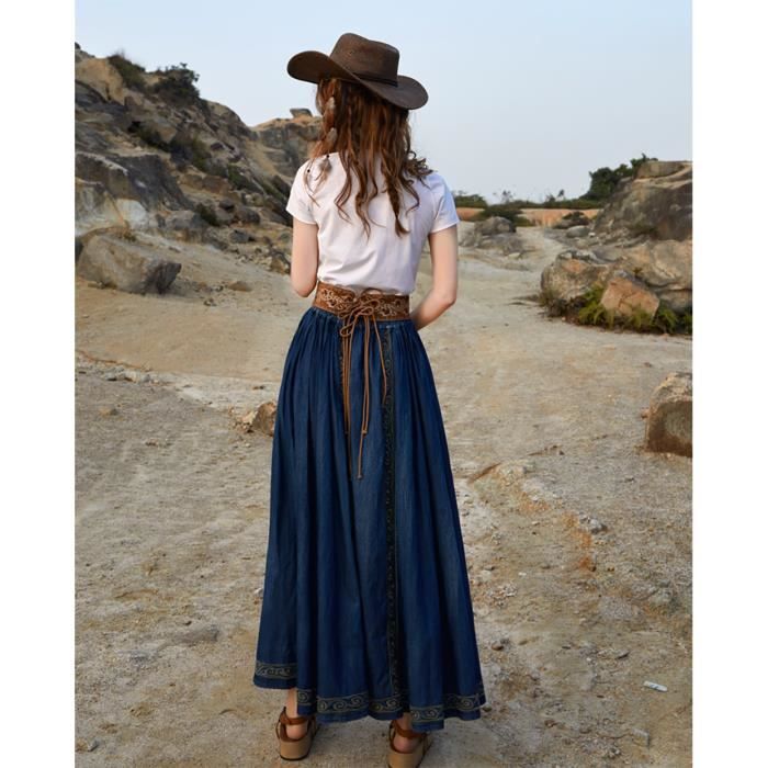 Jupe longue en jean pour femme ceinture elastique retro brodee sans ceinture bleu Bleu Cdiscount Pret a Porter
