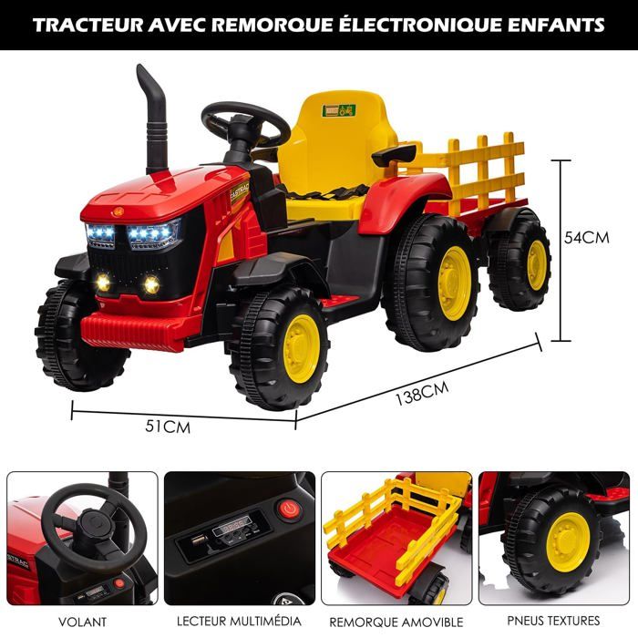 FINOOS Tracteur électrique pour enfant, 12 V, avec pelle et remorque amovible, véhicule électrique pour enfant, avec lumière LED, musique, klaxon, télécommande 2,4 G, 2 à 5 km/h, bleu FINOOS Tracteur électrique pour enfant, 12 V, avec pelle et remorque amovible, véhicule électrique pour enfant, avec lumière LED, musique, klaxon, télécommande 2,4 G, 2 à 5 km/h, bleu