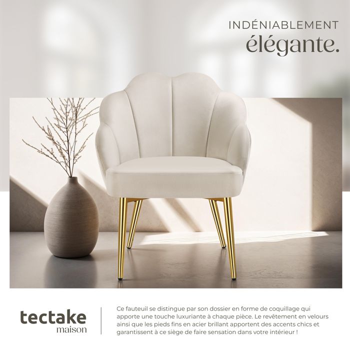 Chaise - TECTAKE - Fauteuil cocktail HELLEN avec dossier en forme de coquillage et revêtement en velours - Crème/Or - Maison