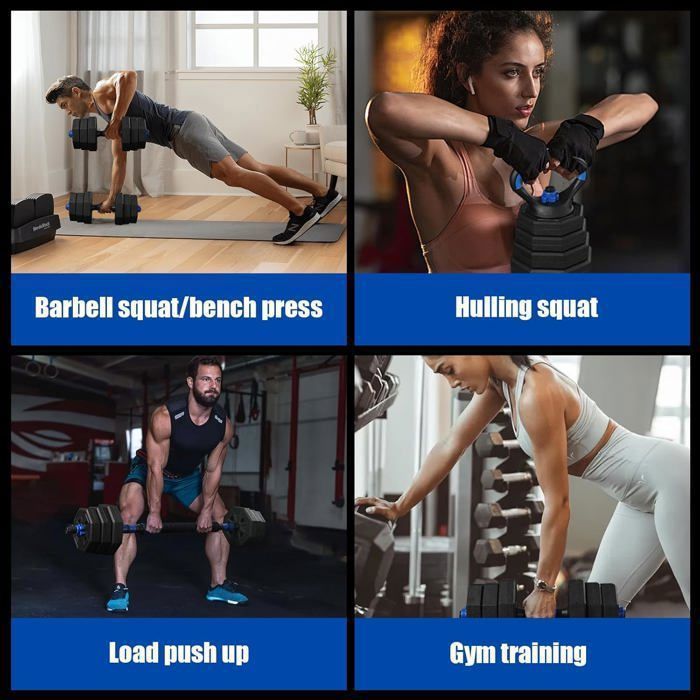 Haltères Réglables 4-en-1 – Utilisables Comme Barre, Kettlebell, Push-up Support – Charge Ajustable, Poignée Antidérapante