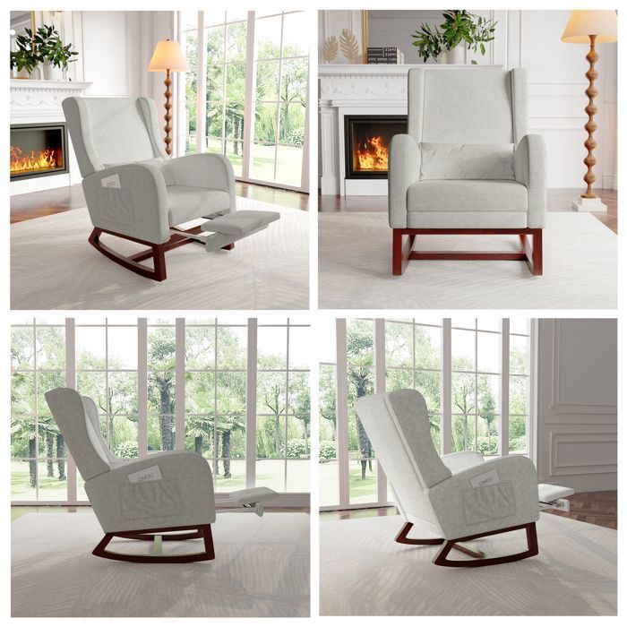 Fauteuil à Bascule Allaitement Avec Repose-pied - Bois Massif - Poches Latérales - Beige