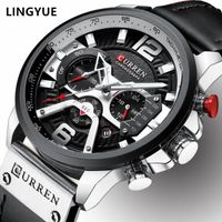 LINGYUE Montre de luxe pour hommes avec bracelet en cuir et montre de sport chronographe - Montre pour homme - Argent