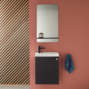 LAVE-MAIN Meuble lave-mains noir carbone MOB-IN Ava - Vasque en céramique blanche - Miroir avec tablette noire