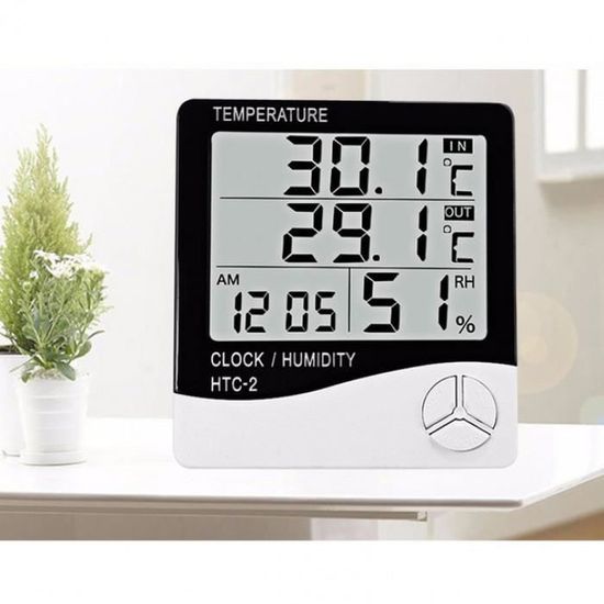 Thermomètre Hygromètre Numérique HTC-1 – Température & Humidité – Réveil, Calendrier, Mémoire Min/Max – Pile AAA - 6
