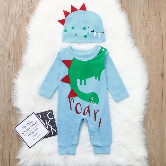 Ensemble Vêtements Bébé Garçon 3 Pièces - Haut Manches Longues Dinosaures + Pantalon + Chapeau - Taille Nouveau-né - Coton Doux - 5