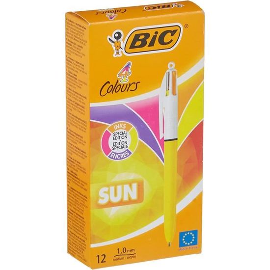Stylos BIC 4 Couleurs Fun - 12 Pack, Pointe 1.0mm, Encre Bleu Pastel/Violet/Turquoise/Vert - Idéal École/Bureau