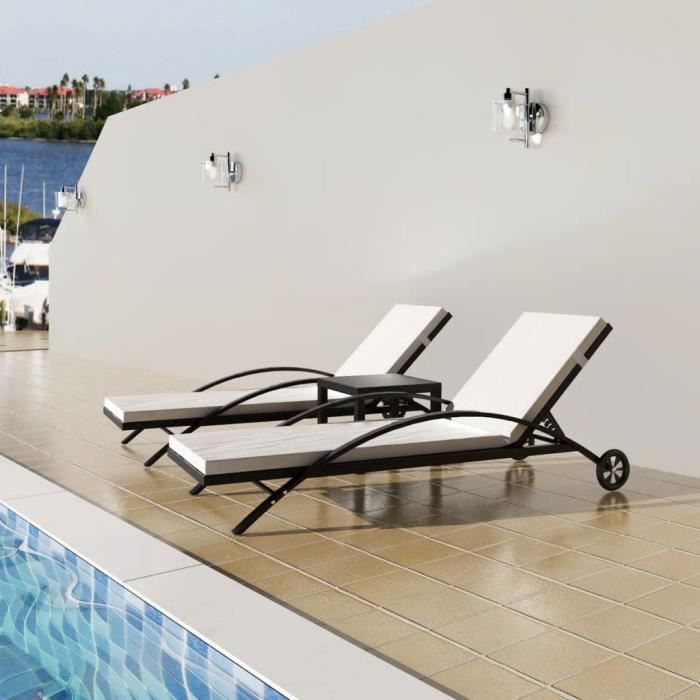 Chaises longues avec table Résine tressée Noir durable ♫BAO