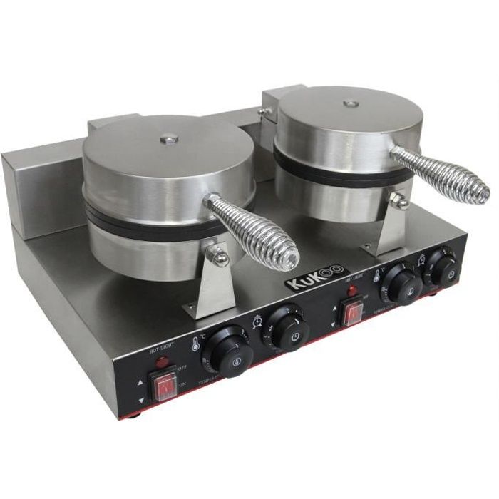Kukoo Gaufrier Electrique Professionnel Double Moules, Boitier en Acier Inoxydable, Plaque de Cuisson en Téflon et en Aluminium