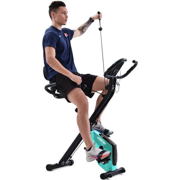 VÉLO D’APPARTEMENT PLIABLE, 8 NIVEAUX RÉSISTANCE MAGNÉTIQUE, VOLANT D’INERTIE 6 KG, ORDINATEUR LCD, CAPTEURS DE POULS, BLEU