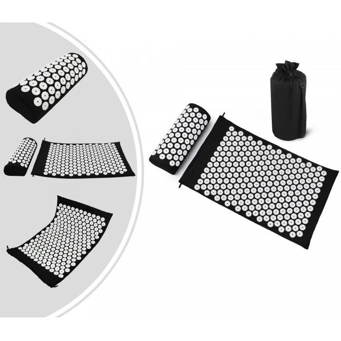 Kit d'Acupression Tapis Coussin de Massage Oreiller d'Acupuncture pour Yoga Traitement des Douleurs Tensions 68×42×2.5cm, Noir
