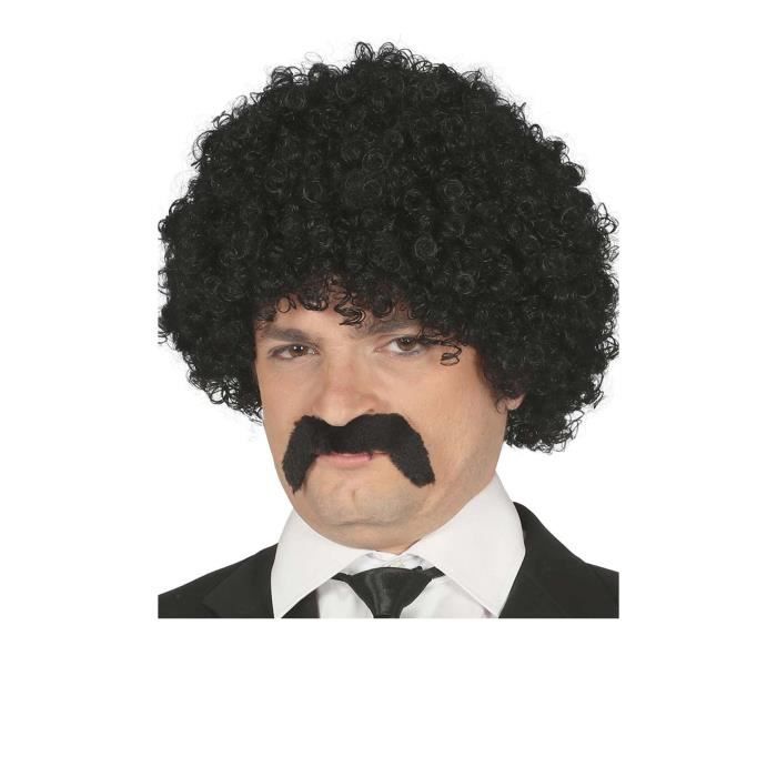 Perruque et Moustache Frisées Noir pour votre soirées costumées ou à thème rock and roll. Les accessoires des années 80, annés 50