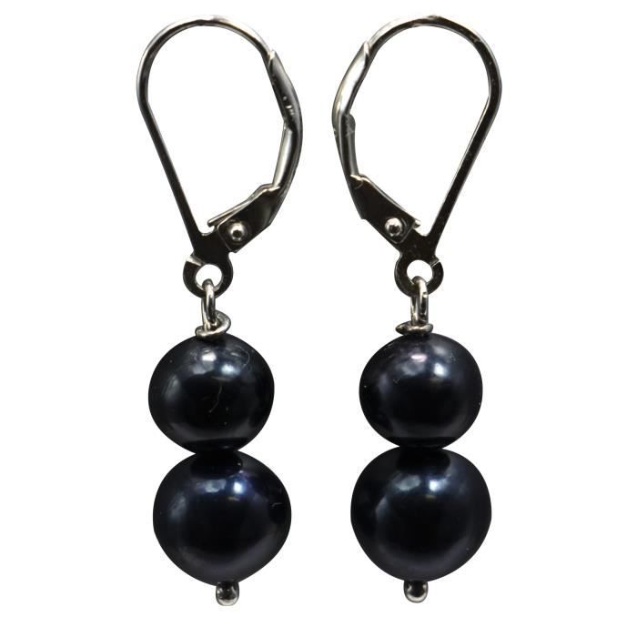 FDS Boucles d’oreilles Véritables Perles de Culture d'Eau Douce Rondes Qualité AAA - Argent 925 -Noir
