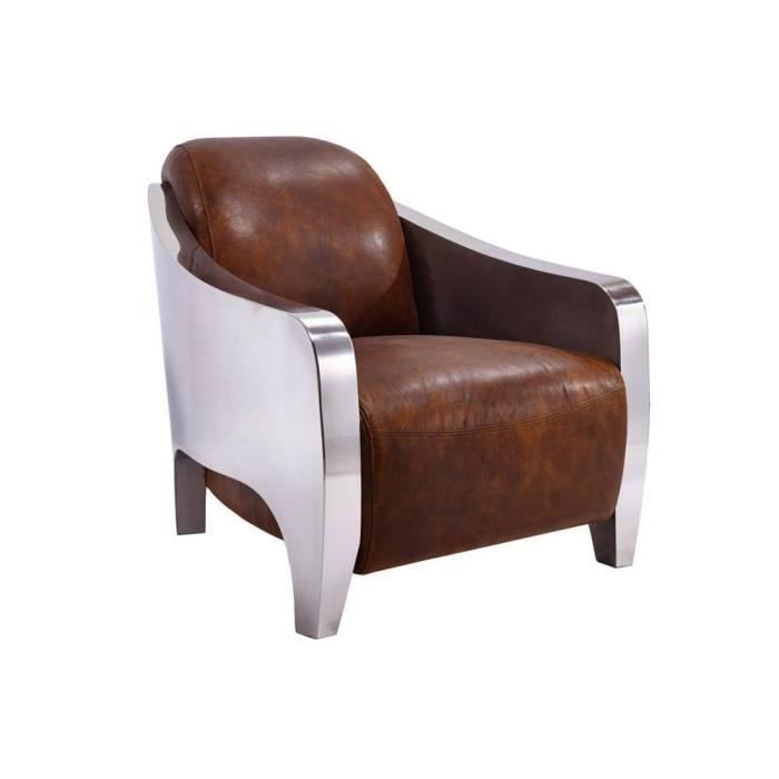 Fauteuil NEW CLUB Prestige AVIATEUR en cuir marron vieilli vintage et chromé marron cuir Inside75