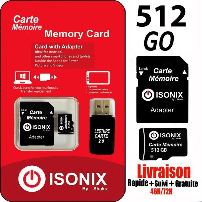 ISONIX Carte Mémoire Micro-sd 512 go Micro SDHC/SDXC + Adaptateur 100% Réel Class 10 + lecture carte