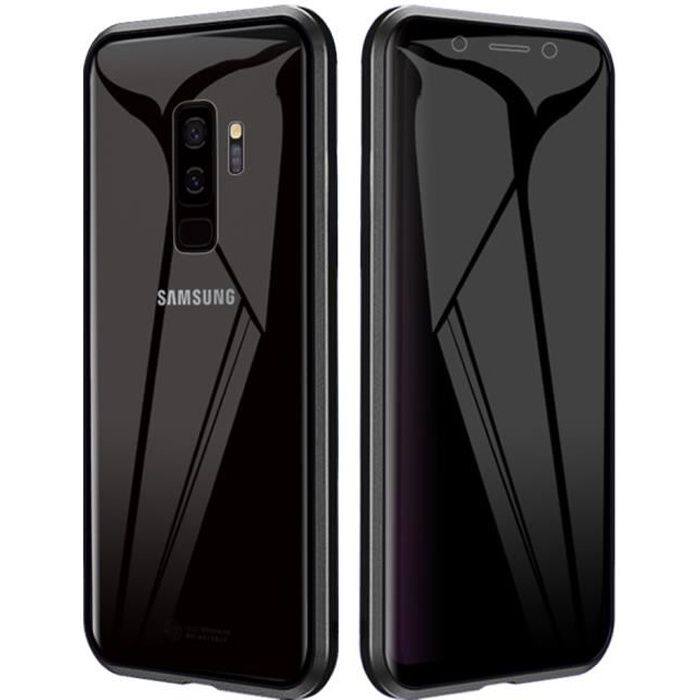 Samsung Galaxy S9+ Coque, 360° Couverture Magnétique Cadre en Métal + Verre Trempé Anti-Espion Housse Étui de Protection (Noir)