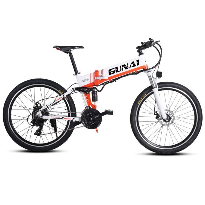 GUNAI Vélo de montagne électrique,vélo de ville 500W 26 pouces avec batterie cachée 48V et frein à disque(Blanc)