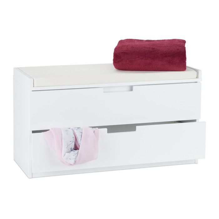 Relaxdays Banc à chaussures, commode rangement, Banquette 2 tiroirs, Meuble entrée, couloir, HLP : 48,5x87x38 cm, blanc -