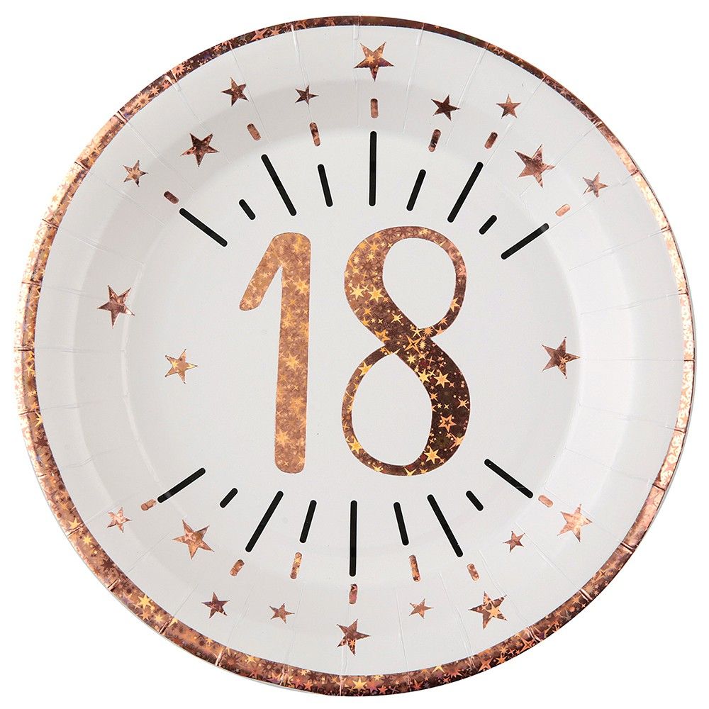 Assiette anniversaire 18 ans blanche et rose gold 22.5cm (x10) REF/7348 Matière carton