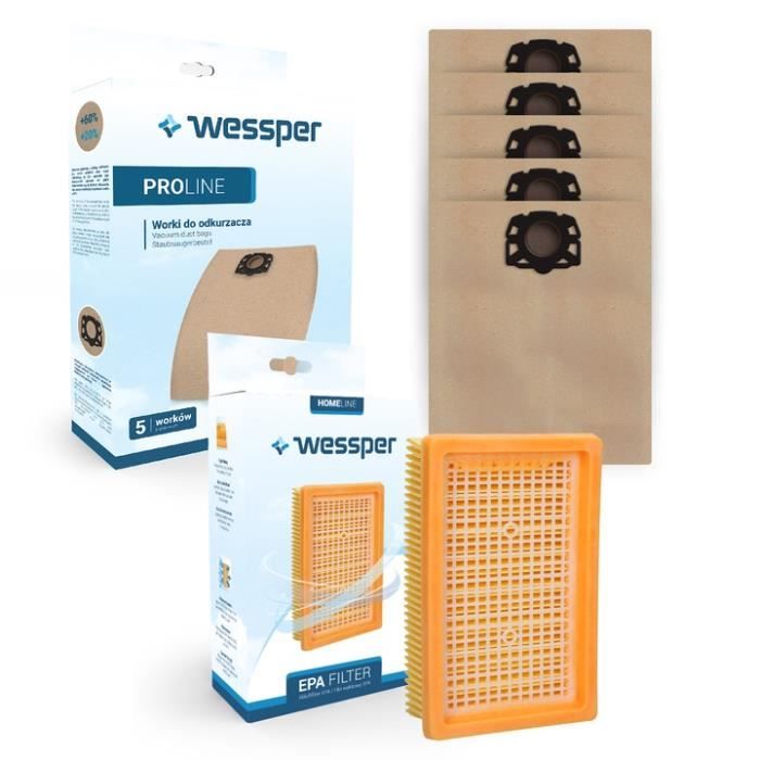 Wessper 5 sacs en papier + filtre pour aspirateurs KARCHER WD4 WD 4 Car Kit, WD 4 Premium WD 5 Premium Renovation, WD 6 P Premium