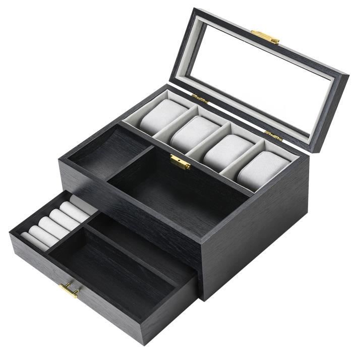 Boîte à Montres avec 4 Compartiments, Coffret à Montre Présentoir à montres Boîte à Bijoux avec Couvercle en Verre pour Homme/Femme