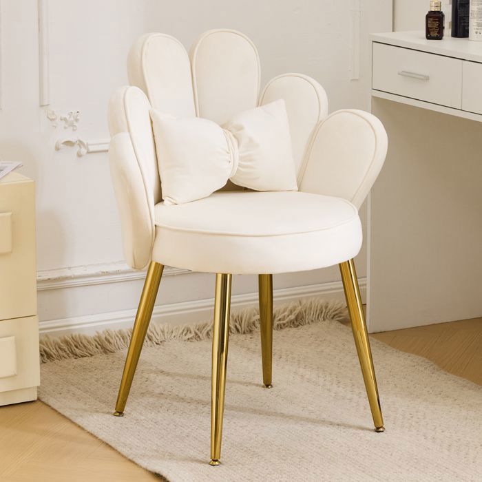 Fauteuil avec Dossier pétale Chaise Coiffeuse Fauteuil Relax de Salon avec Pied DoréBlanc