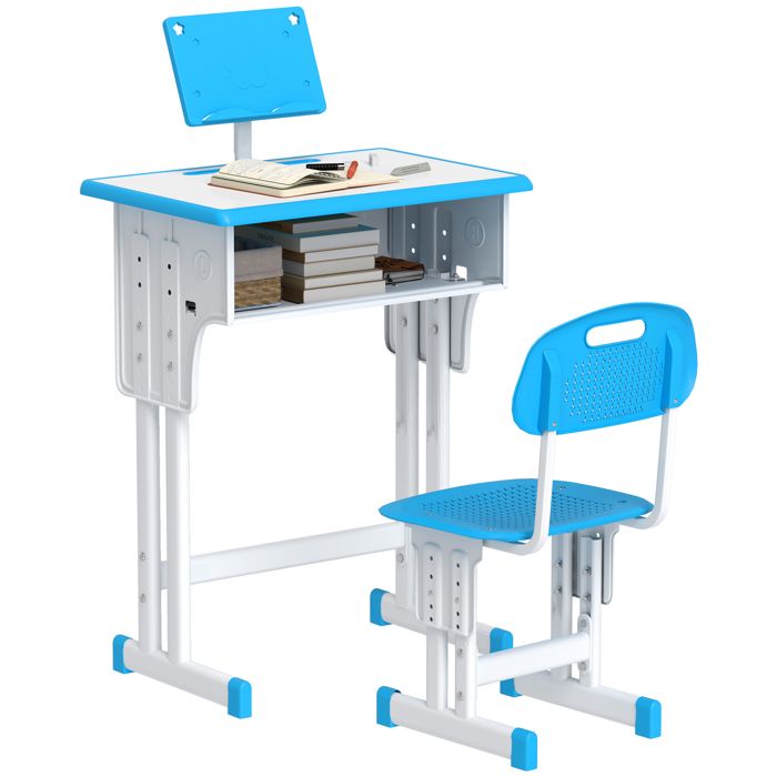 Bureau et chaise pour enfant HOMCOM avec support de lecture casier crochet et porte stylo - hauteur réglable - 60 x 45 x 90-102 cm