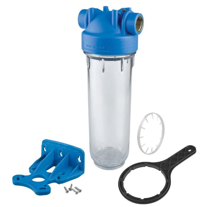 Boîtier de Filtre à Eau - Atlas Filtri - 10 - Raccord Laiton 1/2 - Transparent - Support Mural Inclus