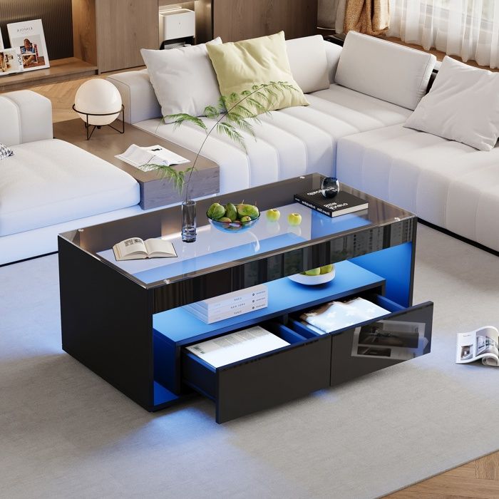 Table basse salon 2 Tiroirs Rangement et LED 16 Couleurs Plateau en Verre Style Moderne 100x50x40 cm Noir brillant