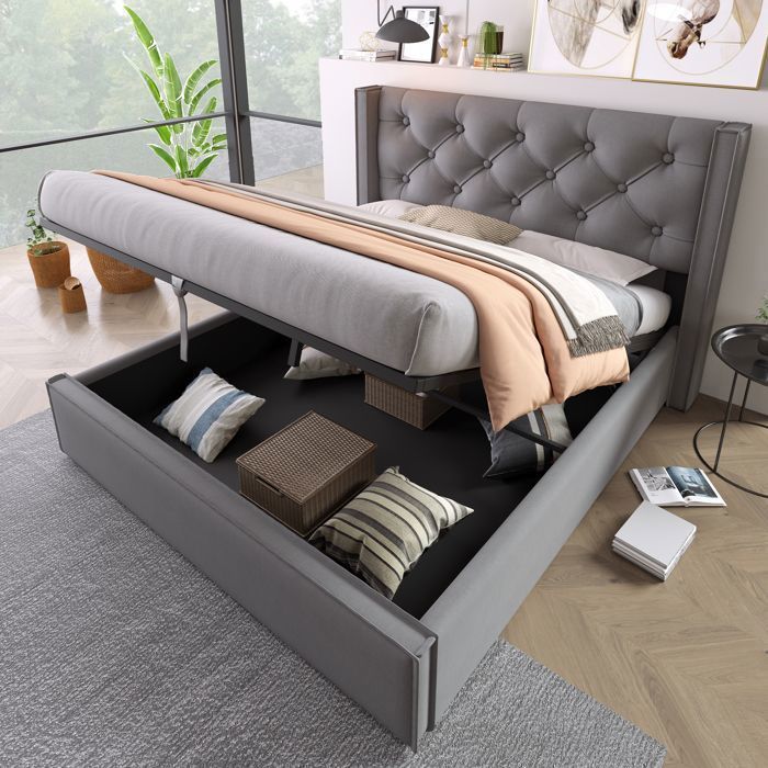 Lit Coffre - Becag - Lit Capitonné Double 160x200cm Lit Adulte Rembourré avec Rangement Hydraulique Tissu en coton Gris