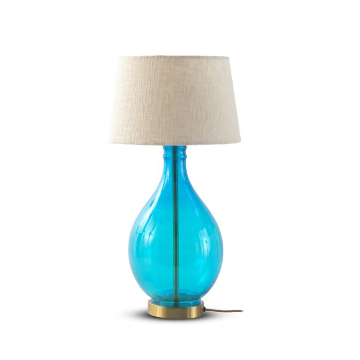 Lampe à poser en verre cristal bleu avec abat-jour en coton blanc.-REF.10807