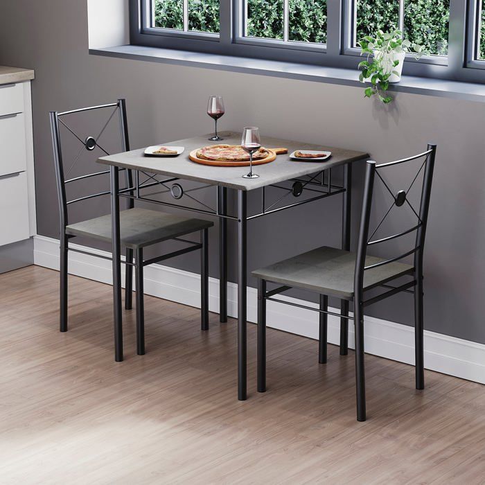 Ensemble table et chaises 2 places Roslyn métal et bois cuisine salle à manger gris béton