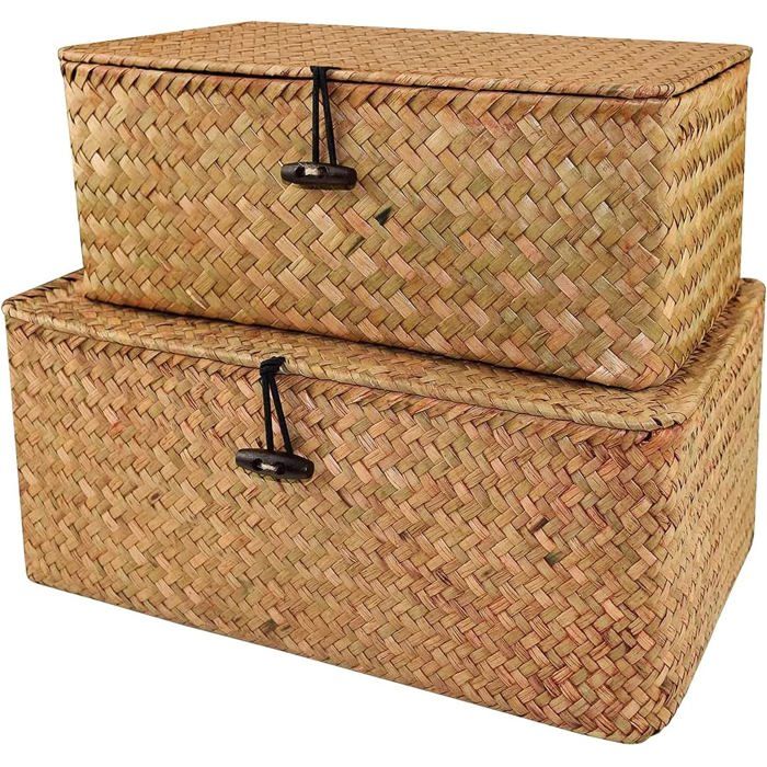 Panier Rangement Osier Tressé Avec Couvercle 28,5 X 20 X 14 Cm - Organisation Salle De Bain Salon Cuisine