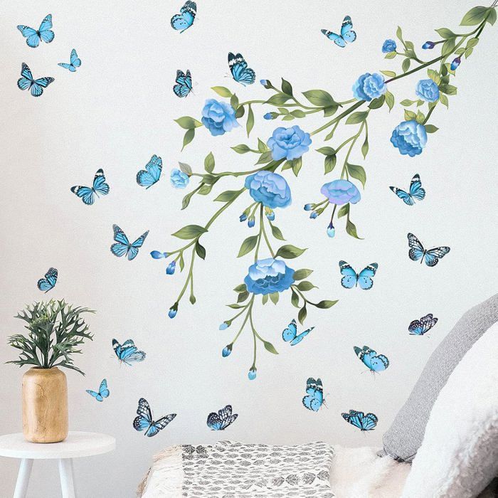 Stickers muraux papillons floraux DIY pour chambres salons et armoires - bleu - 125 x 94 cm