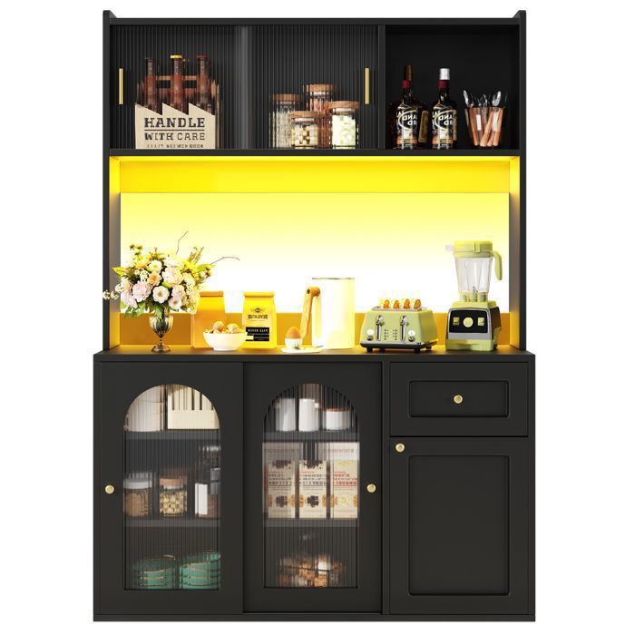 Buffet Haut Noir avec LED Vaisselier Armoire Moderne en MDF avec Vitrines Étagères Réglables et Tiroirs 120x35x167cm Buffet Haut Noir avec LED Vaisselier Armoire Moderne en MDF avec Vitrines Étagères Réglables et Tiroirs 120x35x167cm