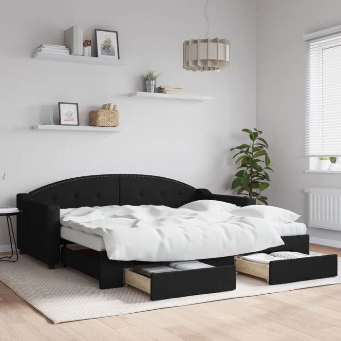 Lit de jour/Lit de repos Enfant simple - sans matelas - avec gigogne et tiroirs noir 90x190 cm tissu - 213x100x75 cm 2739883