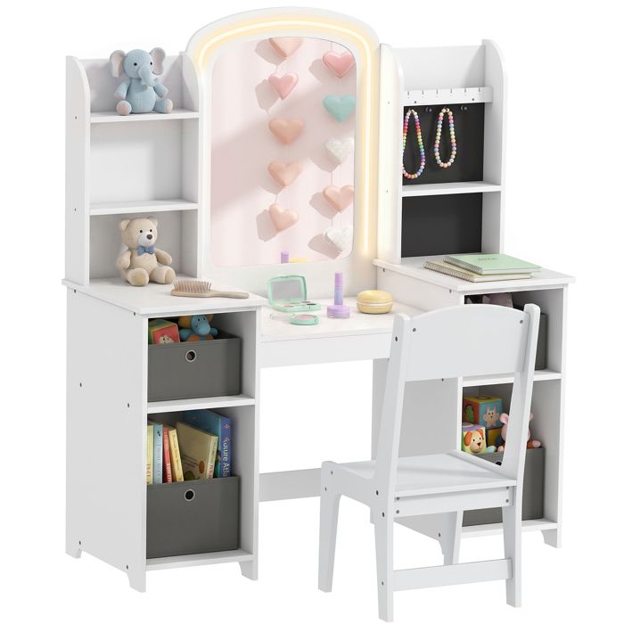 Coiffeuse pour enfants - AIYAPLAY - tabouret et miroir LED - tiroirs étagères et crochets à bijoux - MDF - 104x40x112cm - blanc