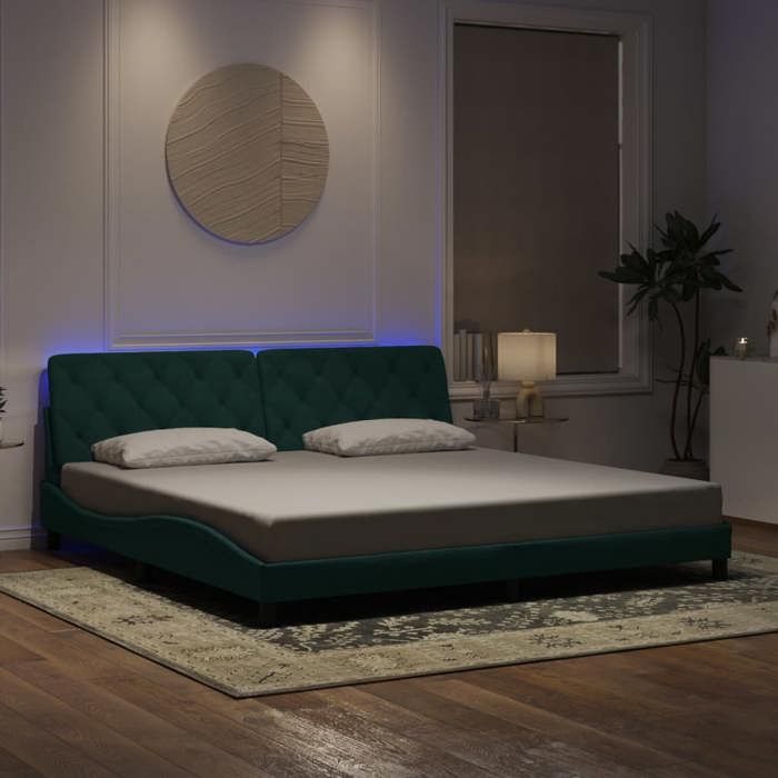CHIC Lit adulte 2 places - 200x200 cm Structure/Cadre de lit et lumières LED vert foncé 200x200 cm velours #Sara60150